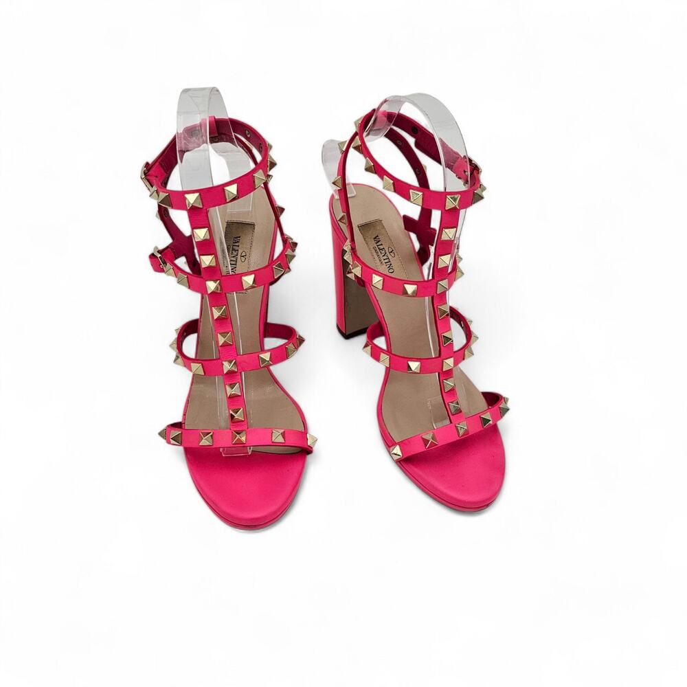 Valentino Garavani Rockstud Sandal Cage Block Heel Pink Leather Size 39 US 9